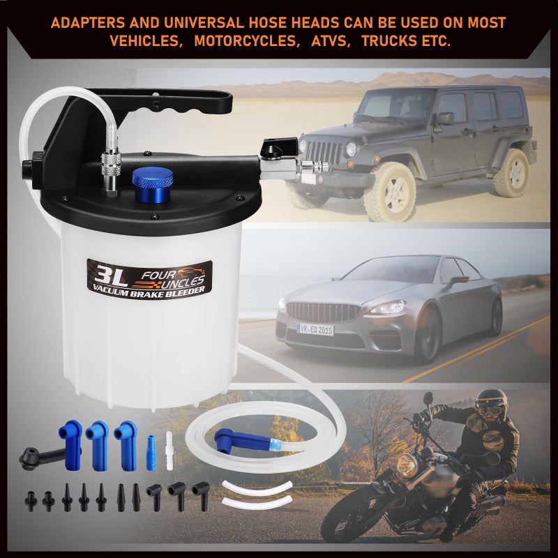 FOUR UNCLES 3L Brake Bleeder Vacuum Pump Kit - Pneumatic Brake Fluid Extractor with 1L Refilling Bottle & Adapters for Automotive Bleeding  One-Person Operation - Image 5